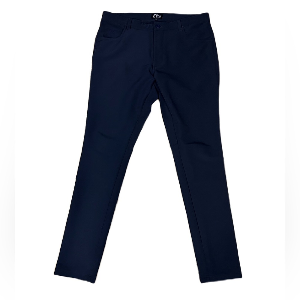 Zyia Active Pants Men's Large Navy Blue Performance Stretch Flat Front Polyester
